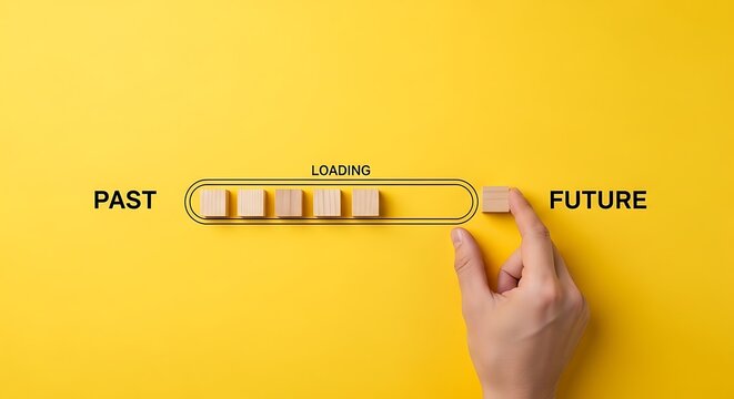 Hand moves wooden block in loading bar from past to future concept