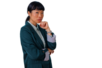 Asian businesswoman thinking, looking at camera with serious expression while contemplating, posing on a transparent background