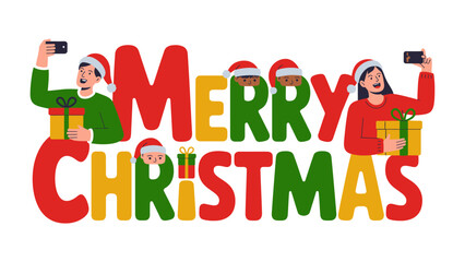 Merry Christmas Illustration: joyful holiday scene, characters in Santa hats take selfies while surrounded by the festive message and gift boxes, conveying cheer and celebration.