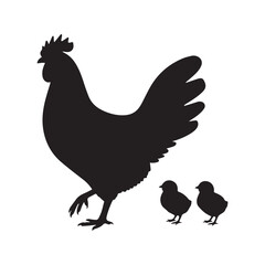 Chicken Silhouette with Two Chicks in Simple Bold Black Rounded Design.