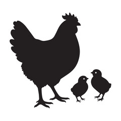 Chicken Silhouette with Two Chicks in Simple Bold Black Rounded Design.