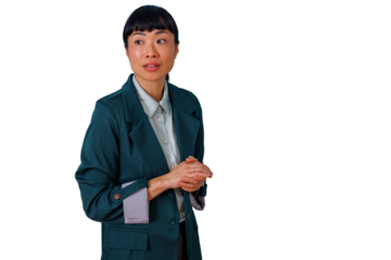 Asian businesswoman listening attentively during a corporate meeting, presenting and discussing business strategy on transparent background