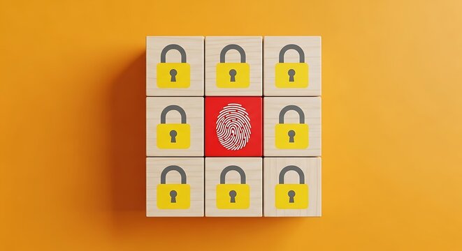 Wooden blocks display security locks and a fingerprint on orange