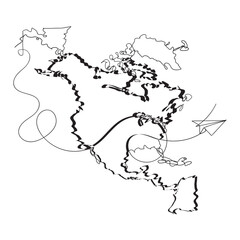 continuous line drawing paper plane taking off from a map and flying symbol for travel or journey illustration vector