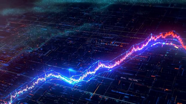 Glowing blue and pink rising stock market chart with candlestick pattern on digital grid background