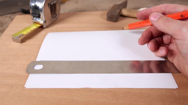 Un menuisier en train de tracer un trait sur une feuille dans son atelier et &eacute;crire des mesures.
