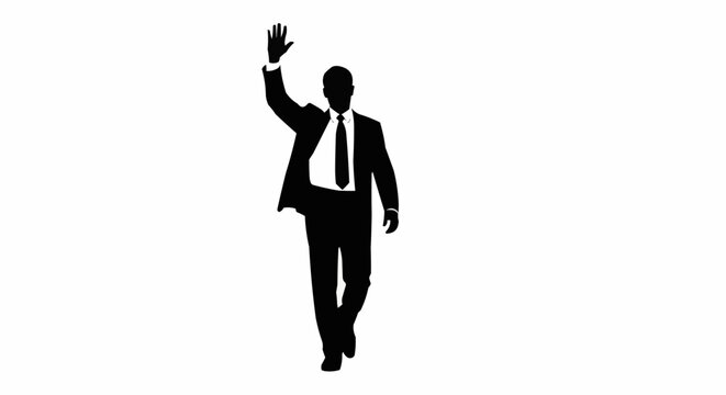 Silhouette of a businessman waving with raised hand walking forward.