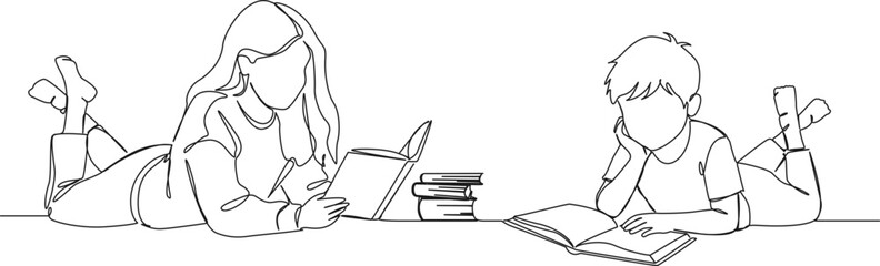continuous line drawing of young boy and girl on floor reading books, line art vector illustration