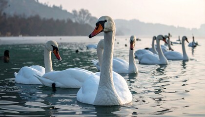 Swans glide on calm water, their white plumage gleaming in the soft light of a hazy morning near a distant forest