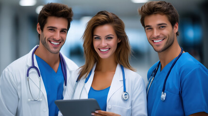 Three healthcare professionals smiling together in a medical setting