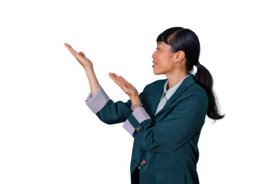 Asian businesswoman presenting new product or service, gesturing with hands, copy space, transparent background