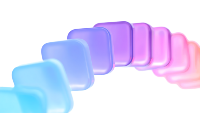 3d icon of row of translucent square shapes in gradient colors from blue to pink