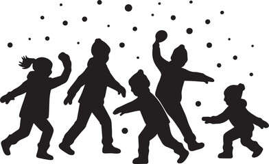  Children playing in the snow throwing snowballs out line silhouette vector art