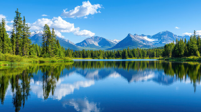 Tranquil mountain lake reflects surrounding peaks and lush greenery under clear blue sky. serene landscape invites peace and relaxation
