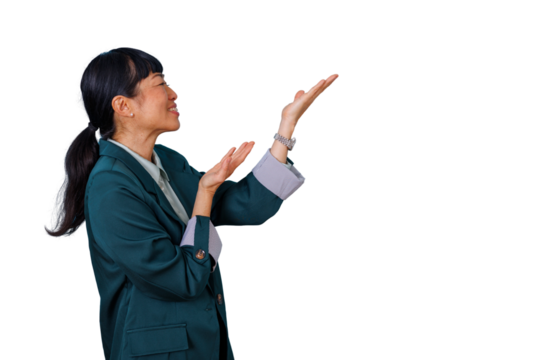 Asian businesswoman smiling, showing, and presenting with open hands, offering product or service concept on transparent background - Powered by Adobe