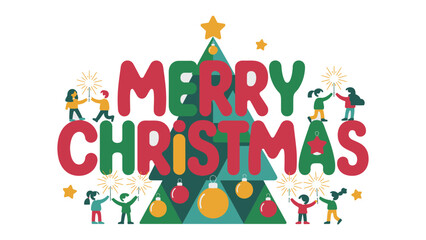 Holiday Cheer: Whimsical illustrations form a joyful “Merry Christmas” greeting, embellished with festive elements, stars, and people, perfect for capturing the spirit of celebration.