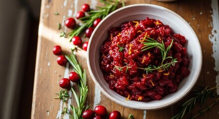 Rustic wooden table with a bowl of vibrant cranberry sauce garnished with orange zest and rosemary for eat a cranberry day