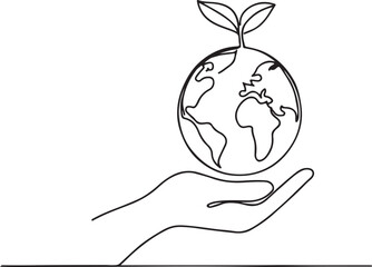  Continuous line drawing of earth globe in hand for world environment day