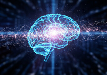 Abstract glowing brain with data streams and digital particles, representing artificial intelligence and neural network concepts in a futuristic setting