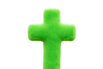 3d icon of a vibrant green cross shape made of soft, fuzzy material, isolated on a clean transparent background, symbolizing faith and religion