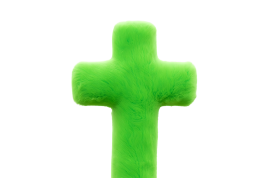 3d icon of a vibrant green cross shape made of soft, fuzzy material, isolated on a clean transparent background, symbolizing faith and religion