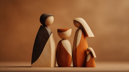 Wooden family figures gathered in warm tones during a creative arts session indoors