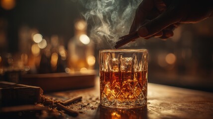 Crafting a smoky drink with a touch of spice in a dimly lit bar during evening hours