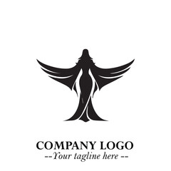 Elegant Black Angel Woman Silhouette Logo Symbol on White Background