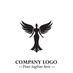 Obraz premium Elegant Black Angel Woman Silhouette Logo Symbol on White Background