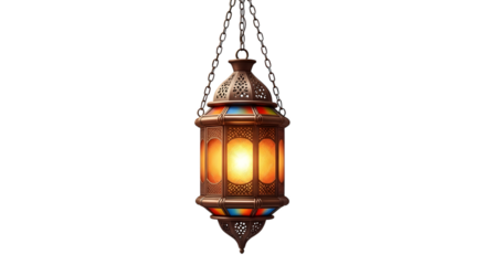 Ornate moroccan lantern glowing with warm light isolated on transparent background