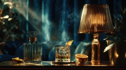 Sparkling cocktail with a fragrant orange slice beside a warm lamp in a cozy bar setting at night