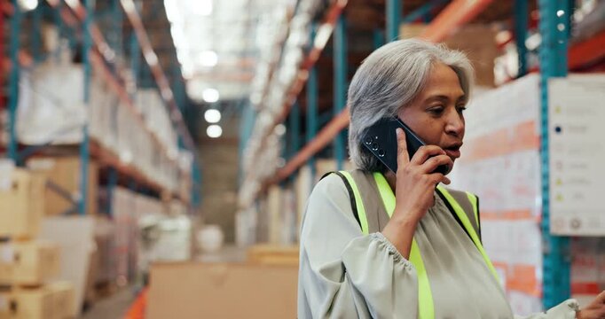 Mature woman, frustrated and phone call in warehouse for shipping delay or storage issue in depot. Female person, executive or inventory manager talking with mobile smartphone for supply chain fail