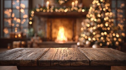 Cozy fireplace scene with a Christmas tree and a rustic wooden table set in a warm living room filled with festive decorations