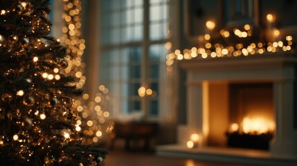 Cozy living room with Christmas tree and warm fireplace creating a festive atmosphere in winter evening
