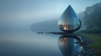 Modern teardrop-shaped structure overlooks calm lake at dawn surrounded by mist and trees