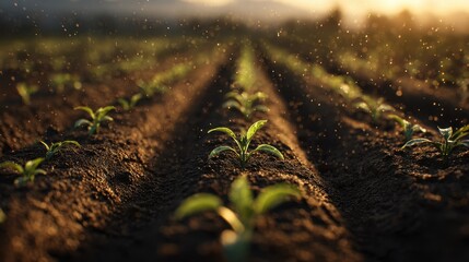 Newly planted seedlings thrive in the warm sunlight of a rural field at dawn with gentle raindrops creating a sparkling effect on the soil