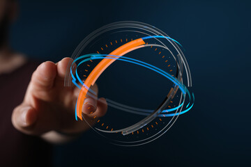 An artistic visualization of a digital globe or sphere, with a human hand interacting with it, conveying concepts like technology, ne