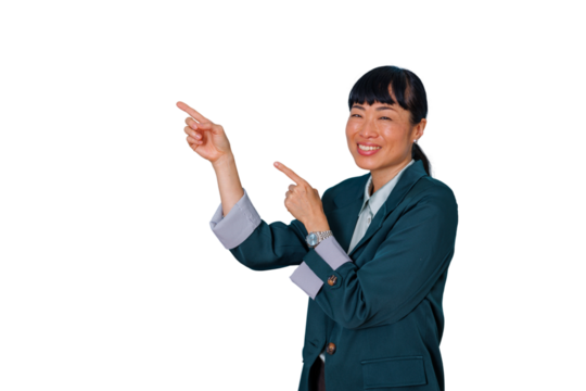 Asian businesswoman smiling, pointing both fingers up and left, presenting a concept with professional confidence