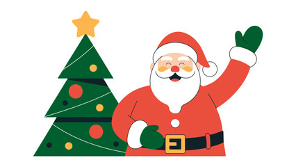 Festive Cheer: Santa Claus, the jolly icon of Christmas, waves cheerfully beside a decorated tree. a scene of holiday spirit and joyful anticipation.