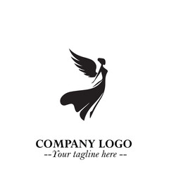 Elegant Black Angel Woman Silhouette Logo Symbol on White Background