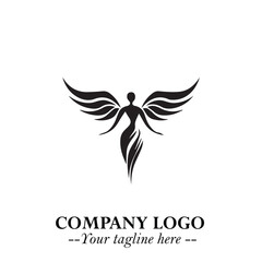 Elegant Black Angel Woman Silhouette Logo Symbol on White Background