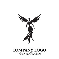 Elegant Black Angel Woman Silhouette Logo Symbol on White Background