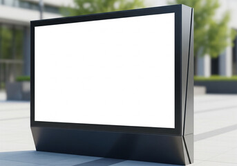 A blank white screen on a modern black contemporary outdoor info display, set in a city street for advertising mockups and copy space