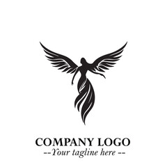 Elegant Black Angel Woman Silhouette Logo Symbol on White Background