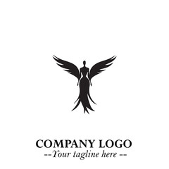 Elegant Black Angel Woman Silhouette Logo Symbol on White Background