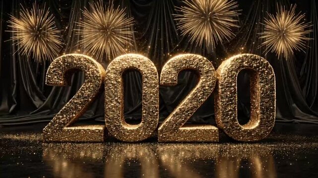 Golden 2020 New Year's Eve celebration with fireworks and black background.