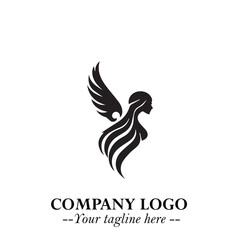 Elegant Black Angel Woman Silhouette Logo Symbol on White Background
