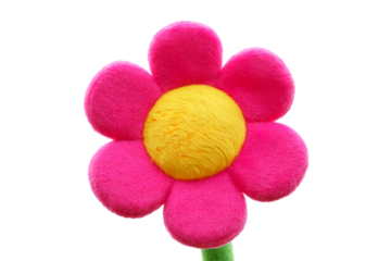3d icon of a vibrant pink and yellow plush flower with a green stem, isolated on a transparent background, symbolizing nature, growth, and joy in a soft, tactile form