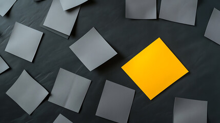 A striking image of numerous grey paper squares contrasting with a single vibrant yellow square, creating a visual representation of differentiation, uniqueness, or emphasis.