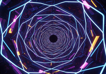 Abstract geometric tunnel with glowing neon lights, a futuristic digital pylon display portal, endless corridor of light